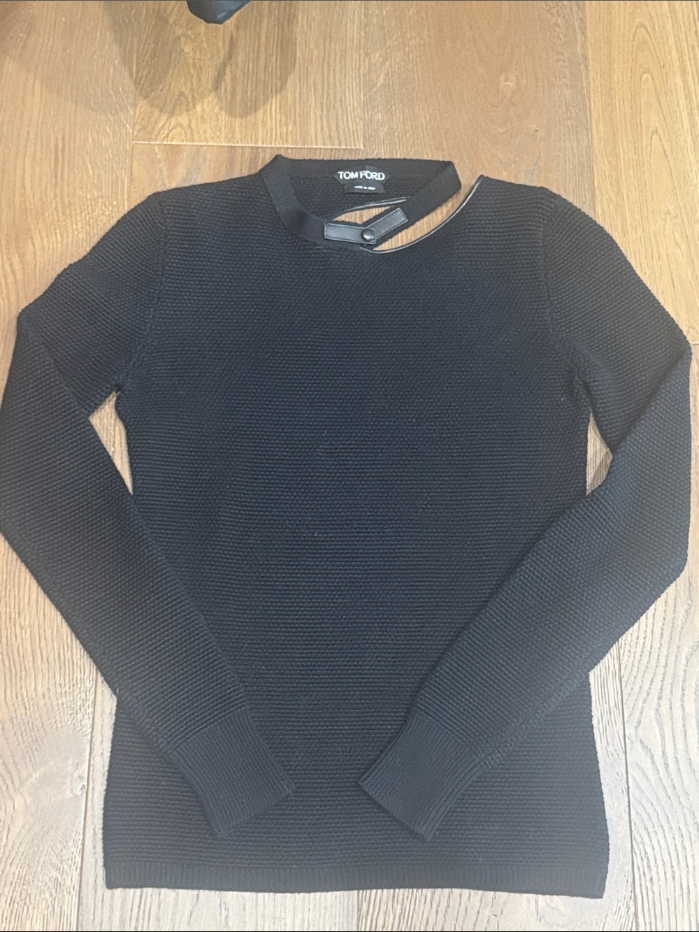 Tom Ford Black Textured Crewneck Sweater with Leather Collar